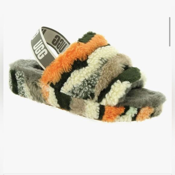 UGG fluff slippers in olive Cali camo with orange. 8 - Picture 3 of 13